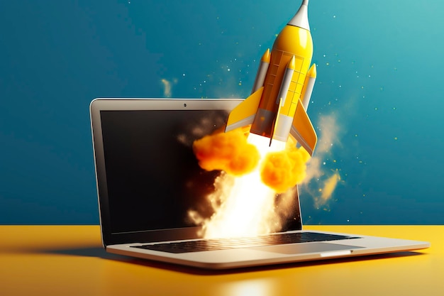 Launching a new product or service technology development process space rocket launch 3d render yellow rocket lift up from the display laptop