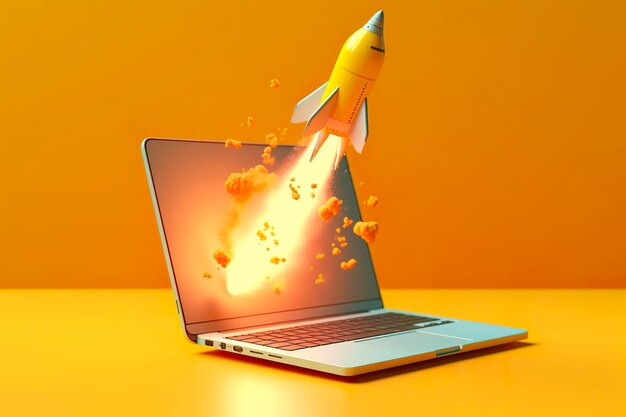 Launching a new product or service technology development process space rocket launch 3d render yellow rocket lift up from the display laptop