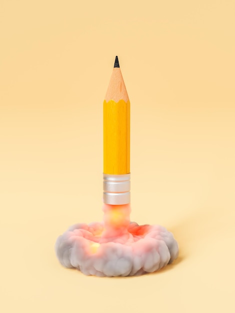 Launching pencil above cloud with fire