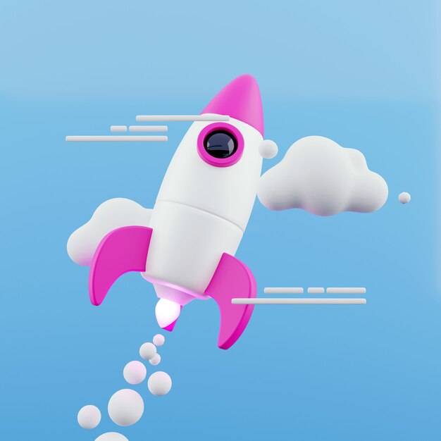 Launching rocket on blue sky background. Startup and exploration concept. 3D Rendering.