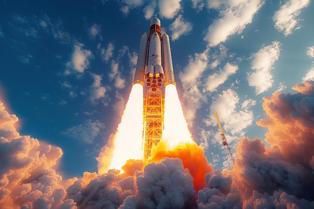 Photo launching a rocket from a spaceport into space in summer on background blue sky