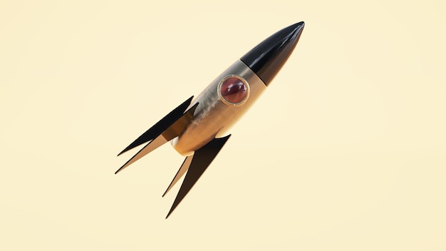 Launching rocket model taking off against yellow background 3D render