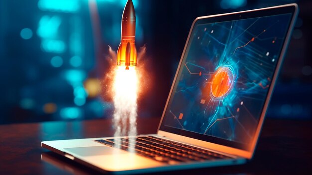 Launching Space Rocket From Laptop Screen Generative AI illustrator