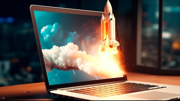 Launching Space Rocket From Laptop Screen Generative AI