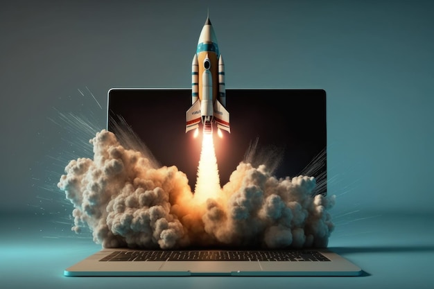 Photo launching space rocket from laptop screen generative ai