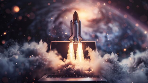 Launching space rocket from laptop screen
