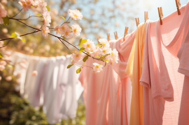 Laundered clothes hanging on a line in front of spring background Generative AI