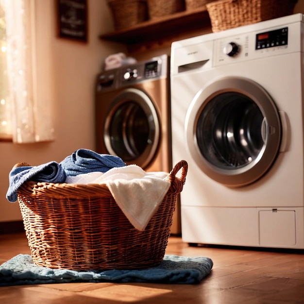 사진 배경 에 세탁기 가 있는 세탁용 세탁 바구니 의 옷