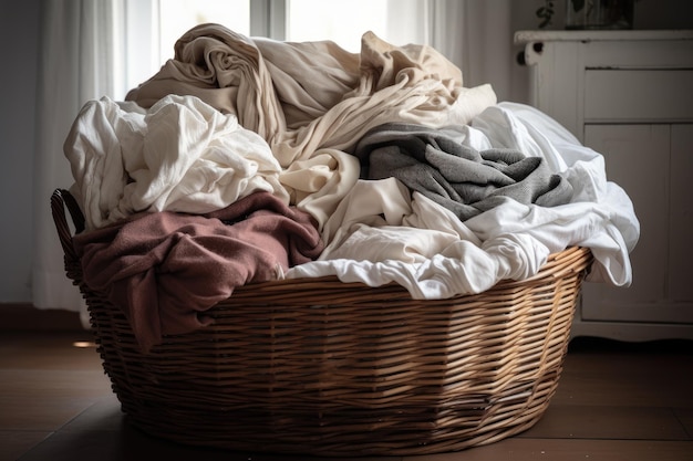 Laundry basket overflowing with freshly laundered linens created with generative ai