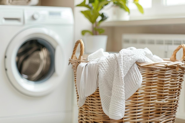 Laundry basket with clothes beside of a washing machine