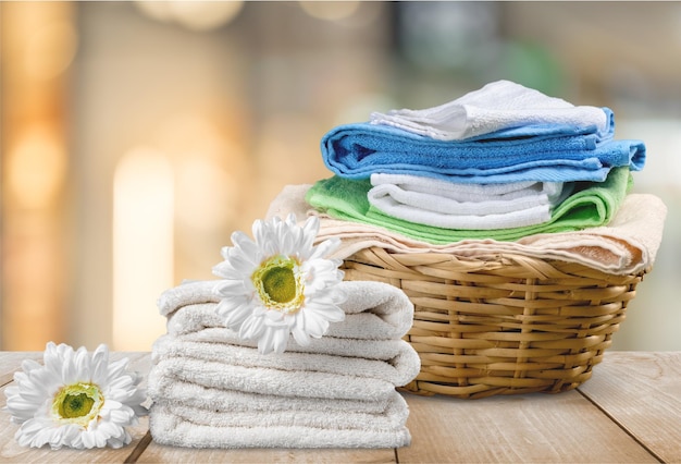 Laundry Basket with colorful towels on desk