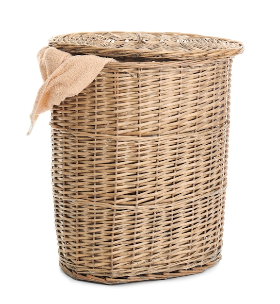 Laundry basket with dirty towel on white background