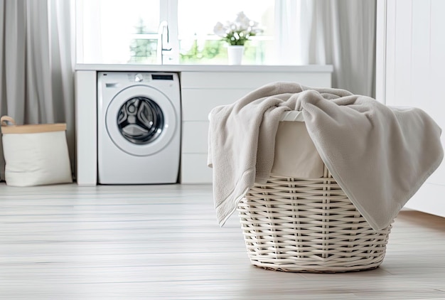 Laundry basket with gray towel