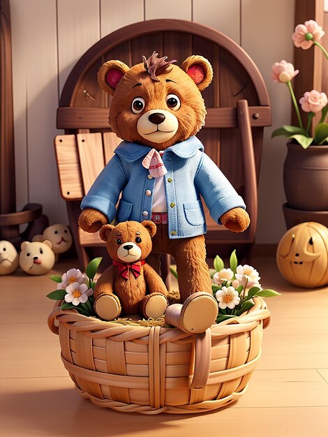 Laundry basket with kids clothes and teddy bear on washing machine background