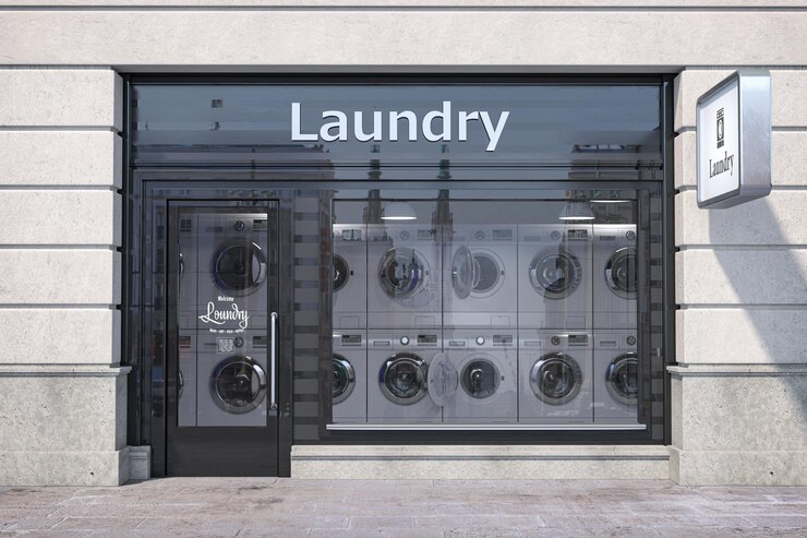 Laundry building exterior with washing machines inside it