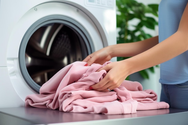 Laundry day focus Vrouwenhanden zetten kleren in de wasmachine