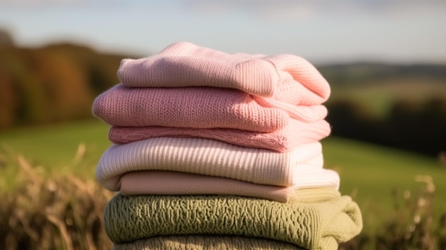 Photo laundry housekeeping and homemaking stack of clean and folded knitted clothes in the countryside generative ai