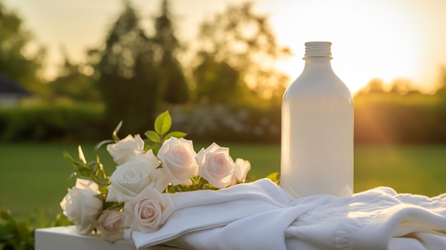정원 컨트리 코티지 스타일 생성 ai의 세탁 가사 및 가사 흰색 깨끗한 접은 옷 및 세제 컨디셔너 병