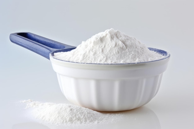 Laundry powder scoop on pure white surface