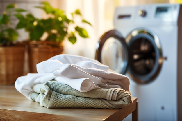 Laundry room interior with washing machine and stack of clean towels