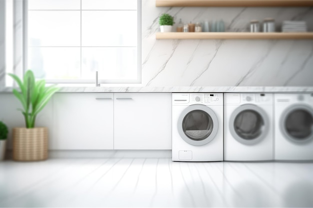 Laundry room interior with white marble floor and washing machine