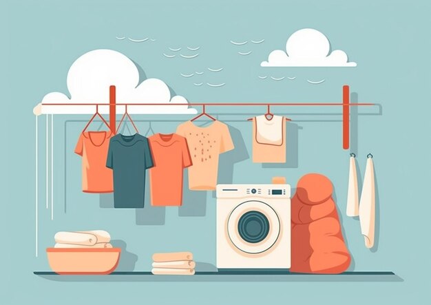 Photo a laundry room with clothes hanging on a clothes rack and a washing machine generative ai