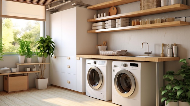 원목 카운터와 빌트인 세탁기 모형이 있는 세탁실 Generative AI