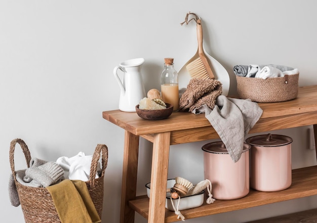 Laundry room with laundry and cleaning tools Scandinavian style home