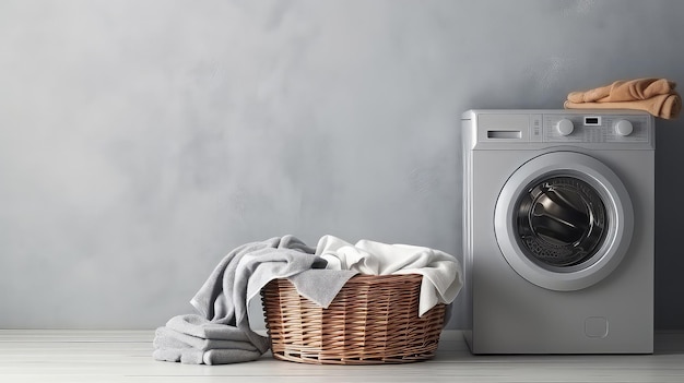 Laundry room with washing machine and basket with clothes