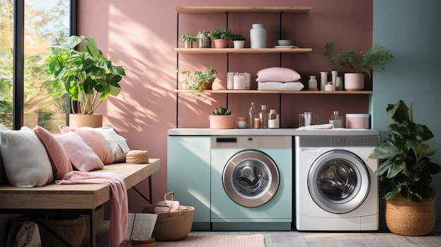 Laundry room with a washing machine Generative Ai