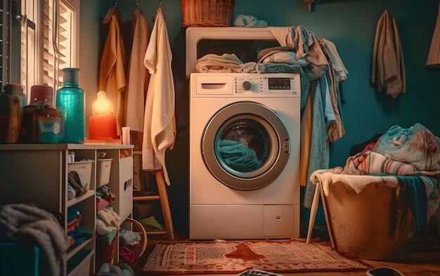 A laundry room with a washing machine and a shelf full of clothes.