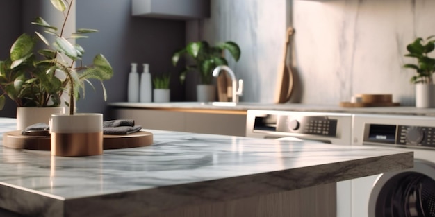 Laundry room with white washing machine and plant