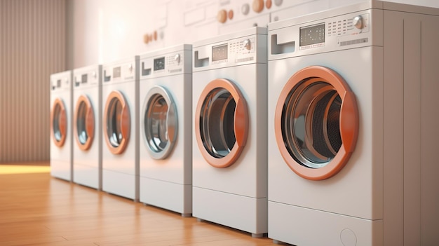 Laundry washing machines in a row