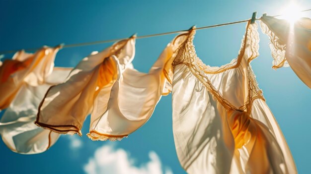 Laundry with clothes hanging on a line gently swaying in the breeze while the sun sets in the background