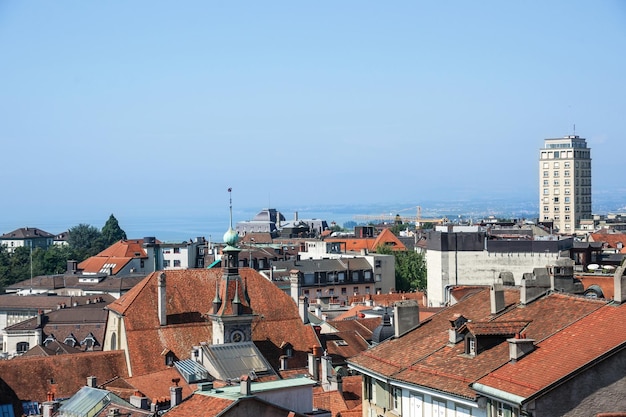 Lausanne skyline view to Geneva Lake in summer