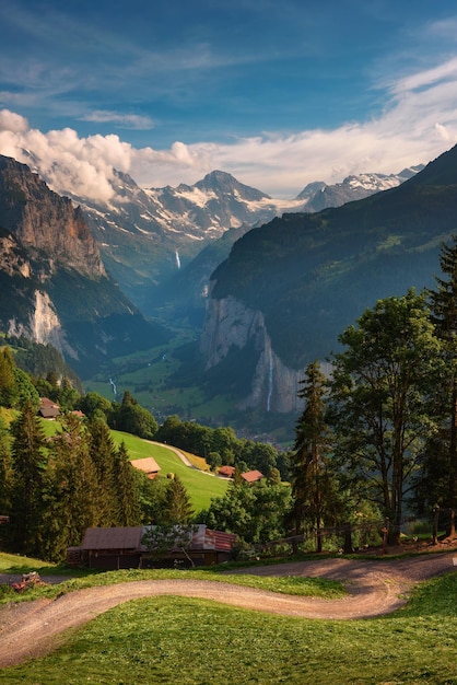 Lauterbrunnen valley in the Swiss Alps viewed from the alpine village of Wengen