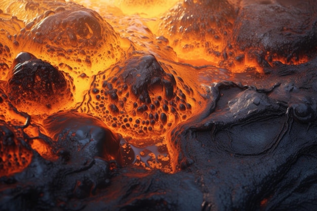 写真 火山のクレーターで沸騰し流れる溶岩