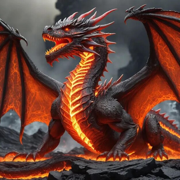 a lava dragon with a dark background and a dark sky behind it