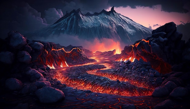 Lava filed in front of volcano eruption Lava flow down the slopes Smoke rises in sky Generative AI