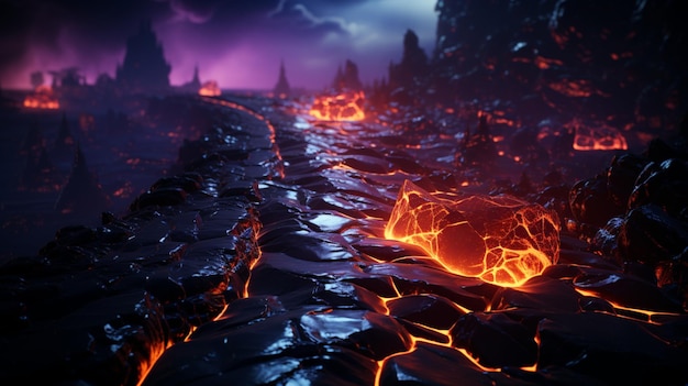 Lava flow eruption mountain photo realistic AI generated