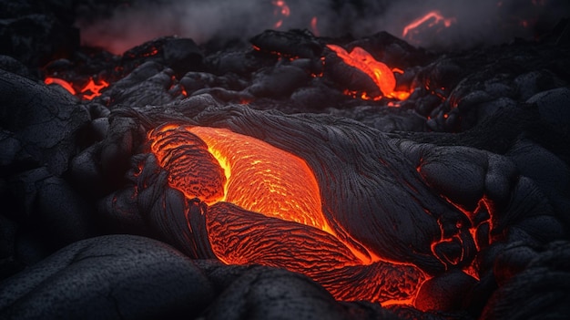 A lava flow is visible in the foreground of a volcano.