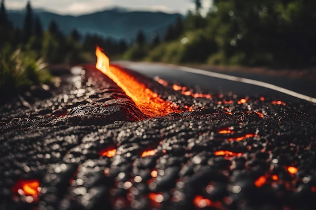 Foto un flusso di lava sulla strada