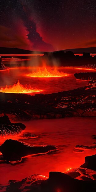 Foto flusso di lava con la lava che scorre nell'oceano