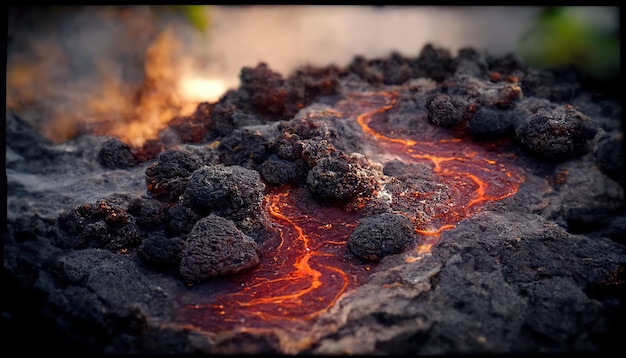 Lava flowing down a hill 3d rendering