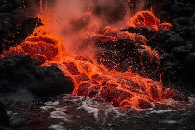 Lava flowing into the ocean with the word lava on the bottom right