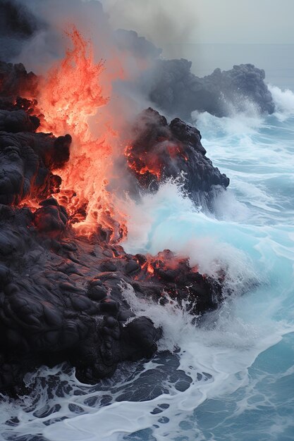 Photo lava flowing into the ocean