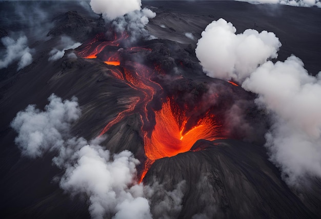 Photo lava flows on an active volcano aerial view 2