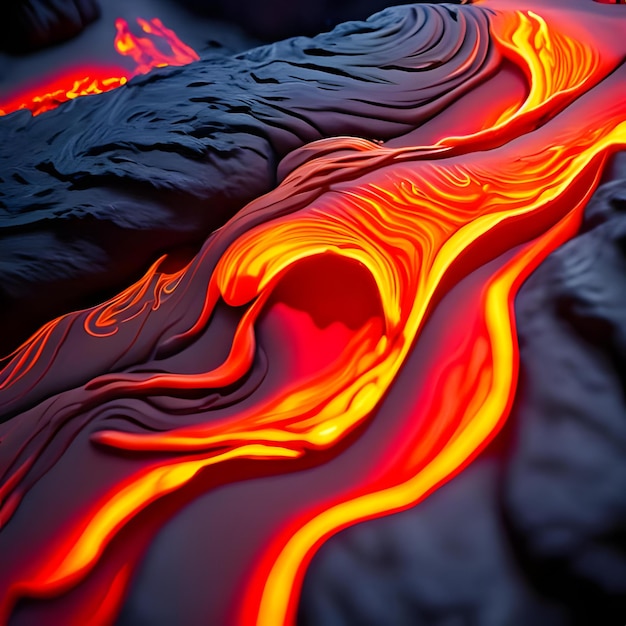 Lava slowly oozes and folds like colorful molten silk illuminating
