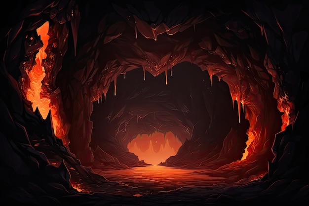 Lava stroomt door een donkere grot Generatieve AI