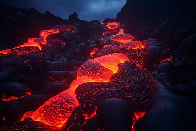 Lava stroomt in de oceaan